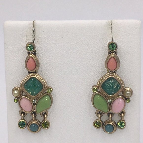 Silver Tone Dangle Pierced Post EARRINGS, Pink Green Glass Plastic Rhinestones - Picture 1 of 6